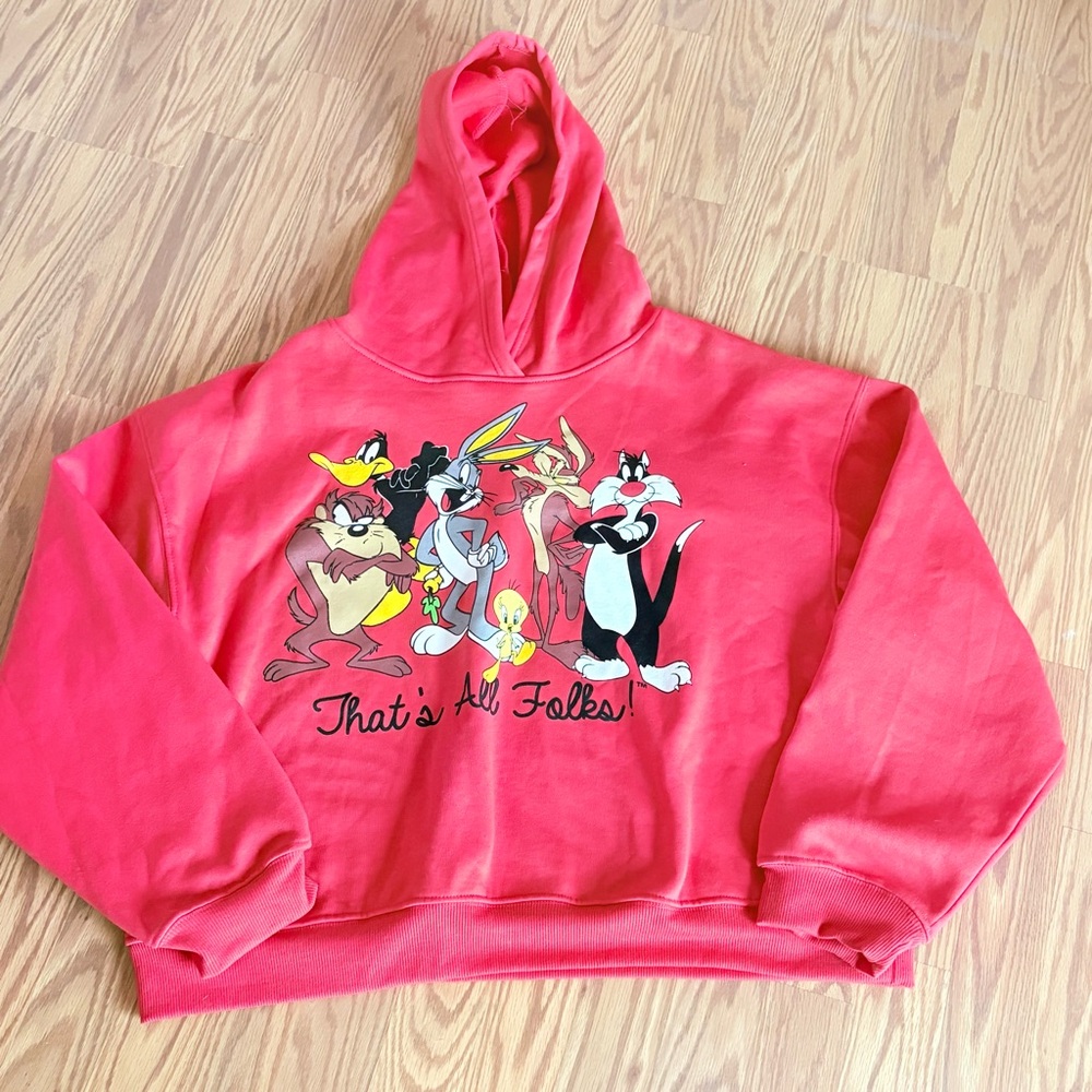 Looney Tunes Graphic Print Women’s Red Hoodie XL Pullover Fleece Top - Picture 6 of 7